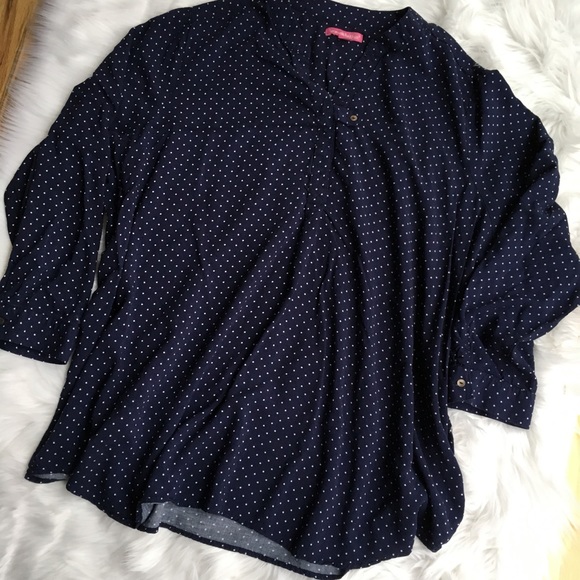 Woman Within Tops - Woman Within 2x Blue Polka Dot V Neck Blouse